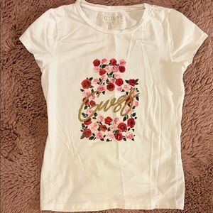 GUESS White Tee with Floral and Gold Graphic